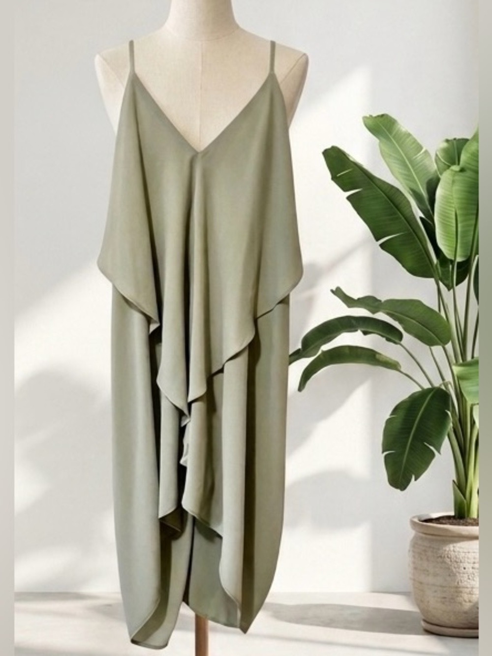Revamped| NEW Sage Green Sleeveless Draped Flowy Mini Cocktail Dress Sz S NWT
